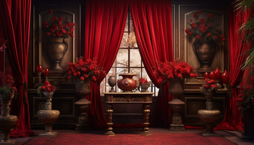 An image shows a red velvet curtained room with ornate urns, free ai prompts and images floral photo backdrops