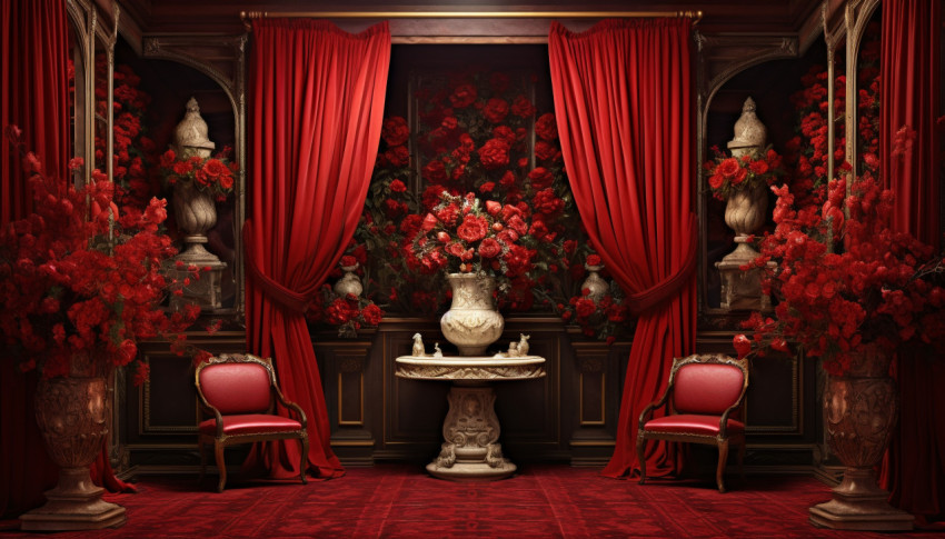 An image shows a red velvet curtained room with ornate urns, free ai prompts and images floral photo backdrops