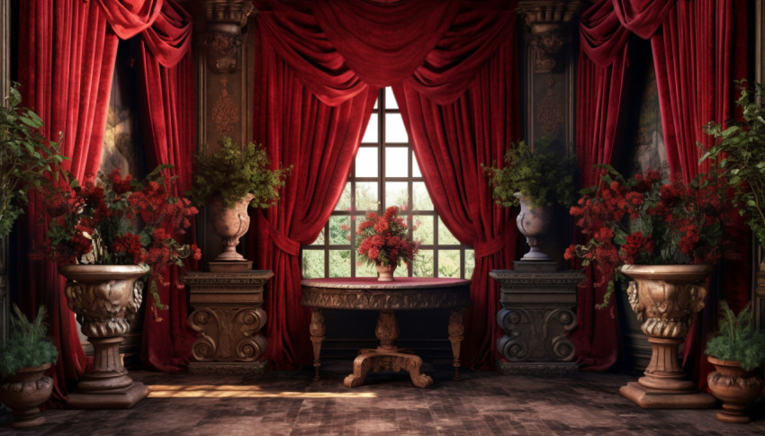 An image shows a red velvet curtained room with ornate urns, free ai prompts and images floral photo backdrops