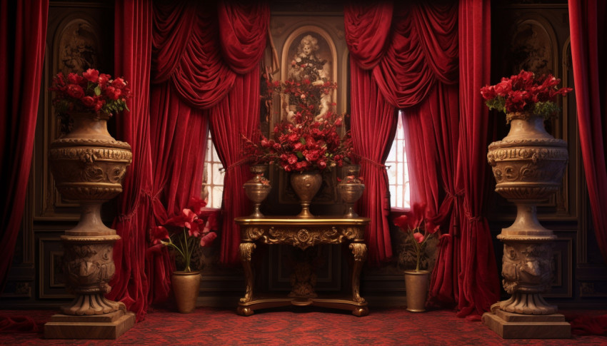 An image shows a red velvet curtained room with ornate urns, free ai prompts and images floral photo backdrops