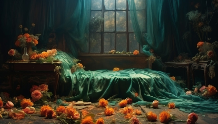 Flowers on green cloth and wood, free ai prompts and images floral photo backdrops