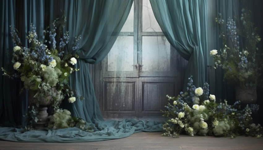 A backdrop with blue curtains and flowers, free ai prompts and images floral photo backdrops