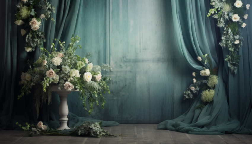 A backdrop with blue curtains and flowers, free ai prompts and images floral photo backdrops