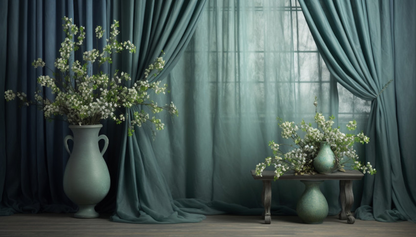 A backdrop with blue curtains and flowers, free ai prompts and images floral photo backdrops