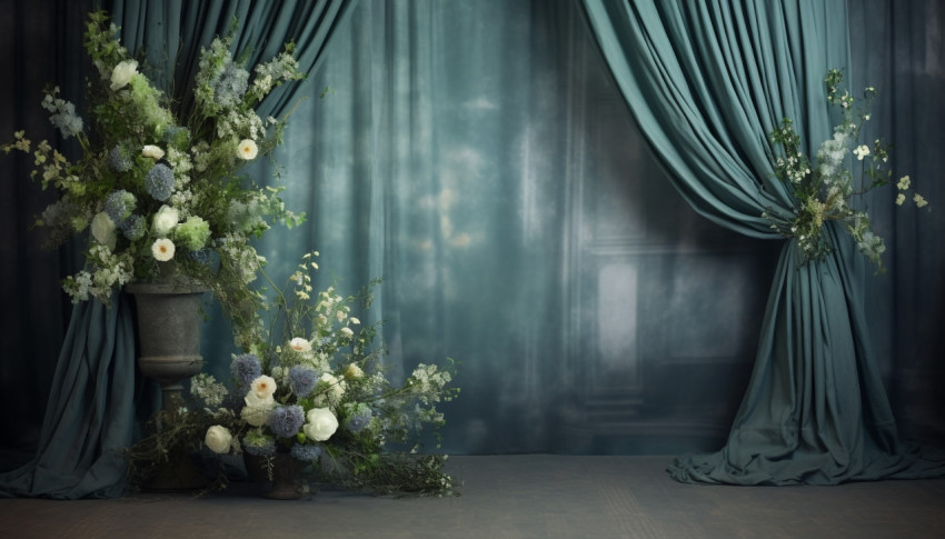 A backdrop with blue curtains and flowers, free ai prompts and images floral photo backdrops