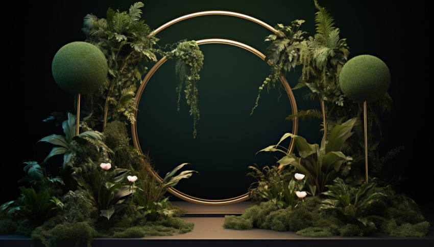 An upside down circular frame with plants on it 3d rendering, free ai prompts and images floral photo backdrops