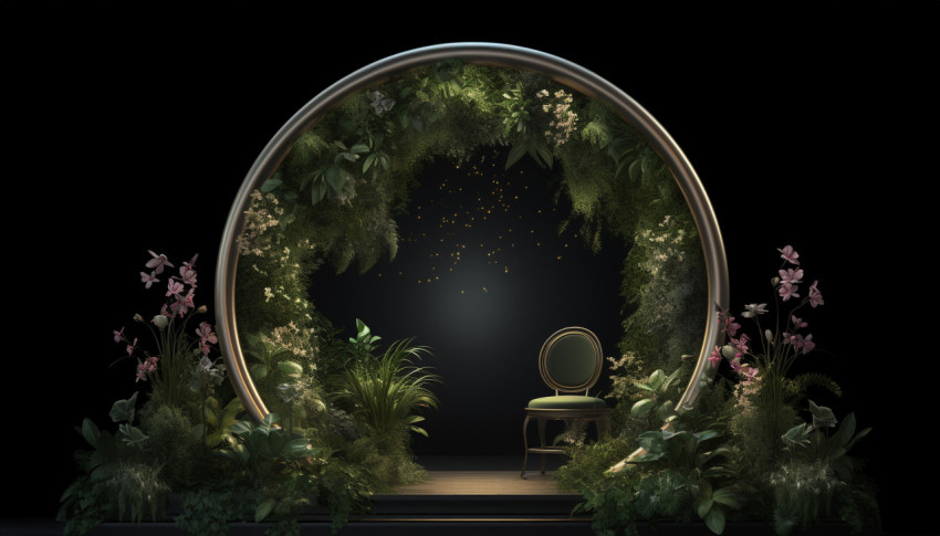 An upside down circular frame with plants on it 3d rendering, free ai prompts and images floral photo backdrops