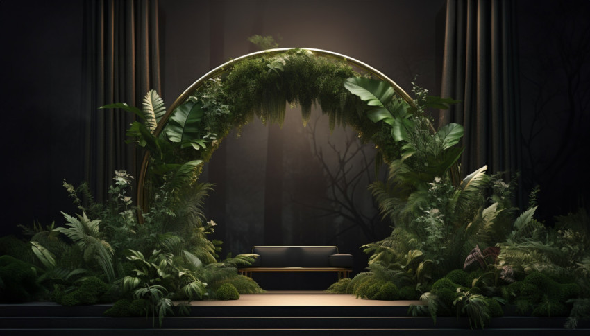 An upside down circular frame with plants on it 3d rendering, free ai prompts and images floral photo backdrops