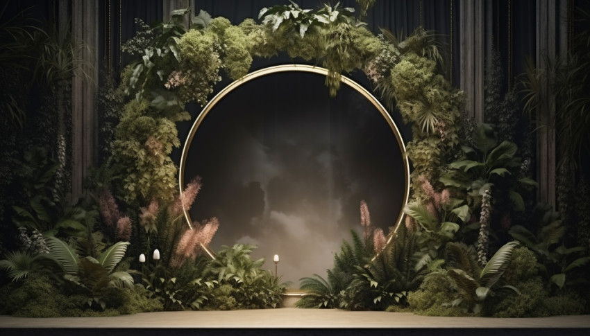 An upside down circular frame with plants on it 3d rendering, free ai prompts and images floral photo backdrops