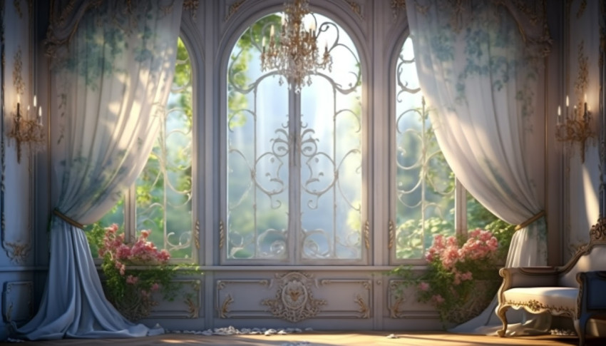 A window has curtains on it next to the wall, free ai prompts and images floral photo backdrops