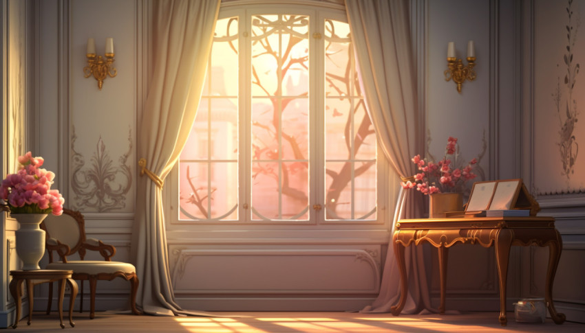 A window has curtains on it next to the wall, free ai prompts and images floral photo backdrops