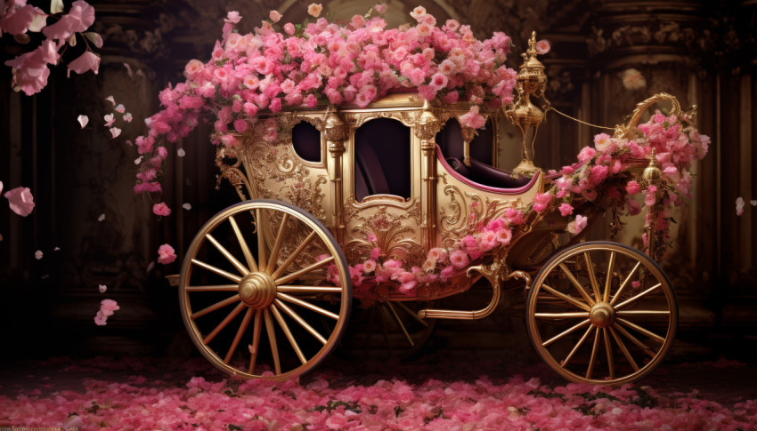 Gold carriage in full glory with pink flowers on it, free ai prompts and images floral photo backdrops