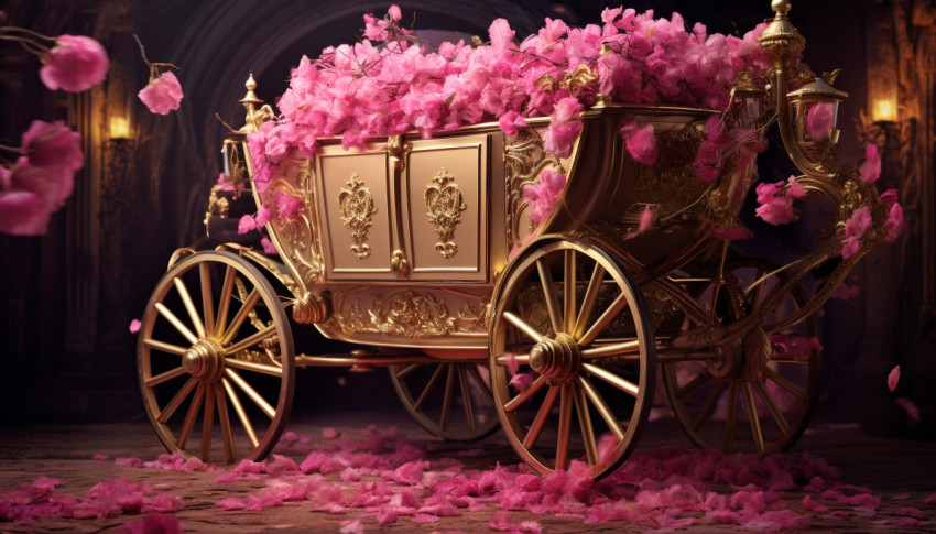 Gold carriage in full glory with pink flowers on it, free ai prompts and images floral photo backdrops