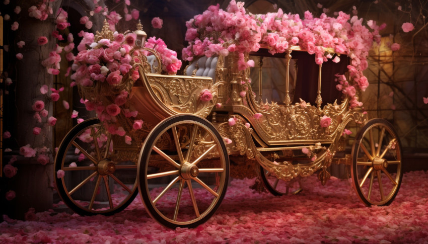 Gold carriage in full glory with pink flowers on it, free ai prompts and images floral photo backdrops