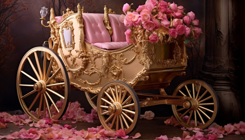 Gold carriage in full glory with pink flowers on it, free ai prompts and images floral photo backdrops