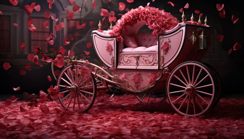 Grand carriage made of rose petals and a rose print from high end professional photo lab and image gallery, free ai prompts and images floral photo backdrops