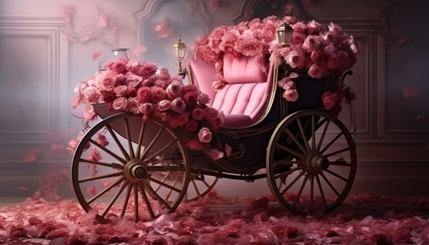 Grand carriage made of rose petals and a rose print from high end professional photo lab and image gallery, free ai prompts and images floral photo backdrops