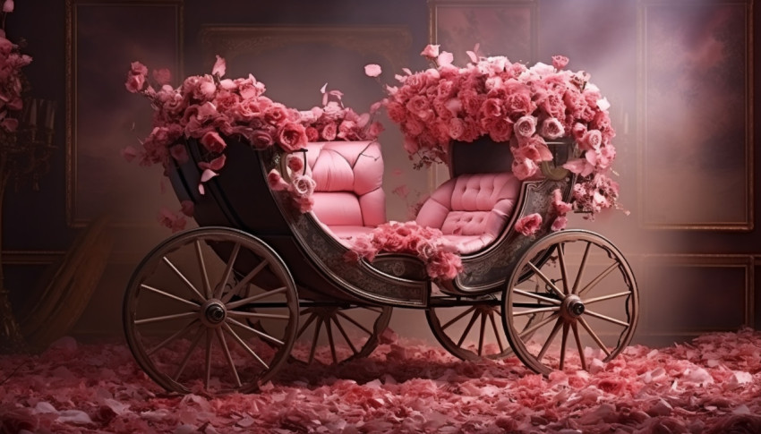 Grand carriage made of rose petals and a rose print from high end professional photo lab and image gallery, free ai prompts and images floral photo backdrops