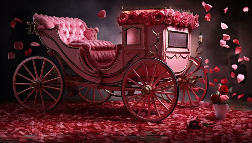 Grand carriage made of rose petals and a rose print from high end professional photo lab and image gallery, free ai prompts and images floral photo backdrops