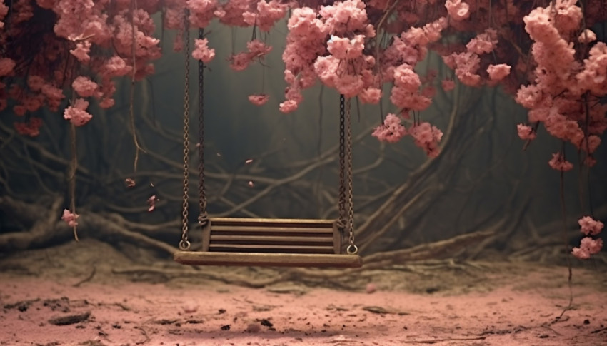 Pink sakura trees and a swing under them, free ai prompts and images floral photo backdrops