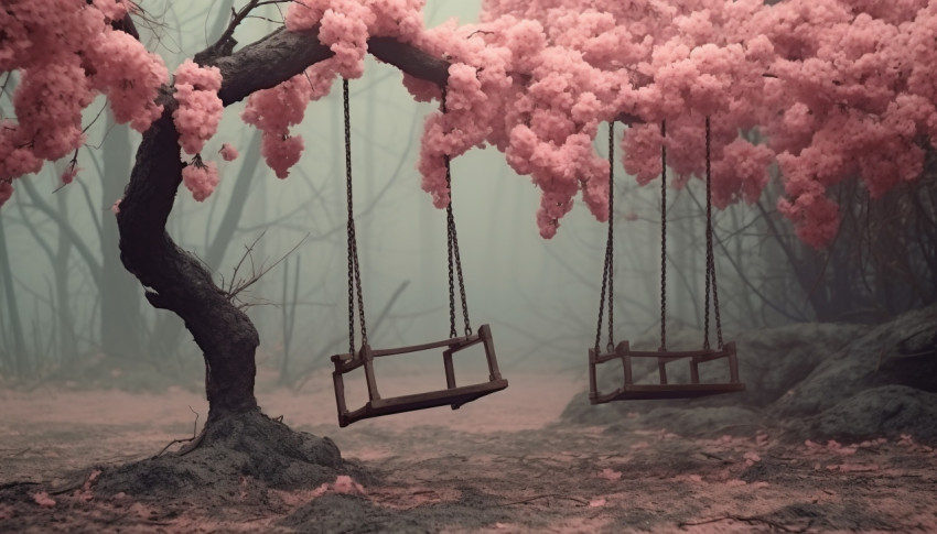 Pink sakura trees and a swing under them, free ai prompts and images floral photo backdrops