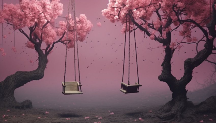 Pink sakura trees and a swing under them, free ai prompts and images floral photo backdrops