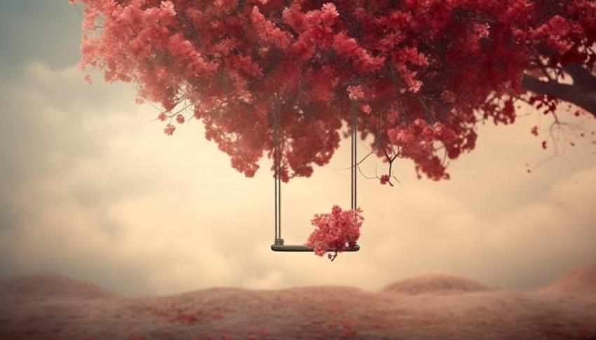 A swing is hanging from an ornamental red tree, free ai prompts and images floral photo backdrops