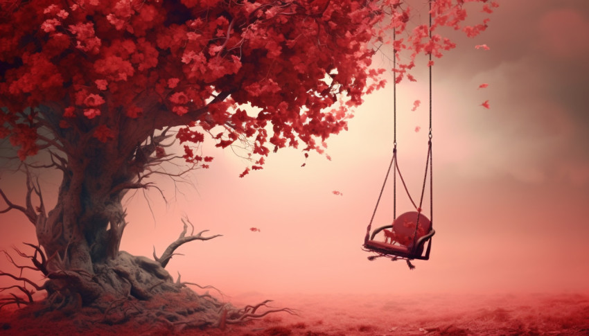 A swing is hanging from an ornamental red tree, free ai prompts and images floral photo backdrops