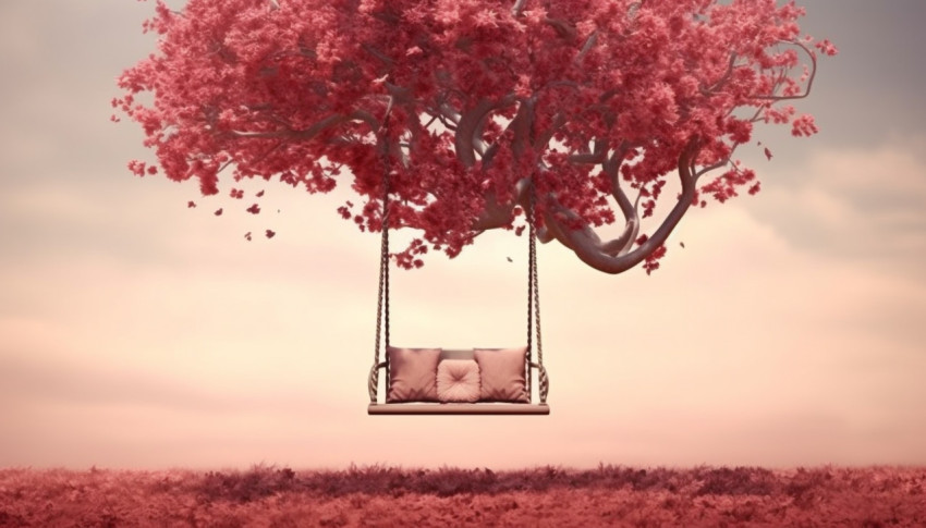 A swing is hanging from an ornamental red tree, free ai prompts and images floral photo backdrops