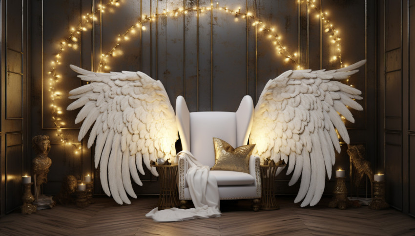 Angel wings in a room with gold decorations, free ai prompts and images floral photo backdrops