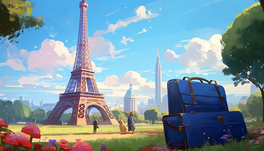 Luggage in the Grass, Eiffel Tower in the Background