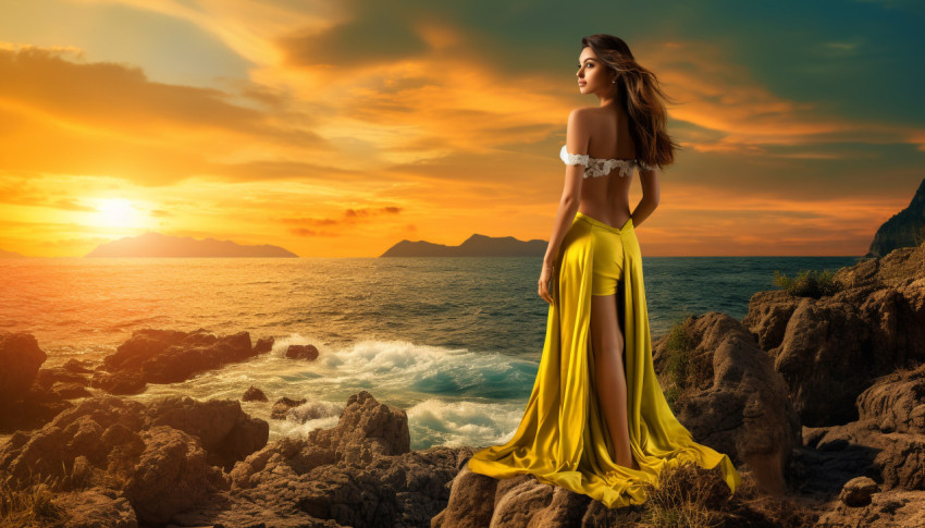 Thai Woman in Yellow Dress on Rocky Beach at Sunset