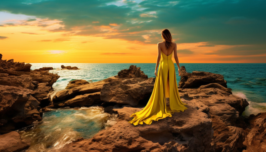 Yellow Dress on Rocky Beach at Sunset