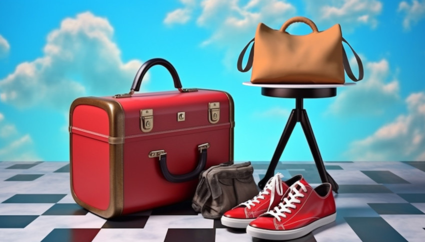 Red suitcase bag plane and shoes on blue background