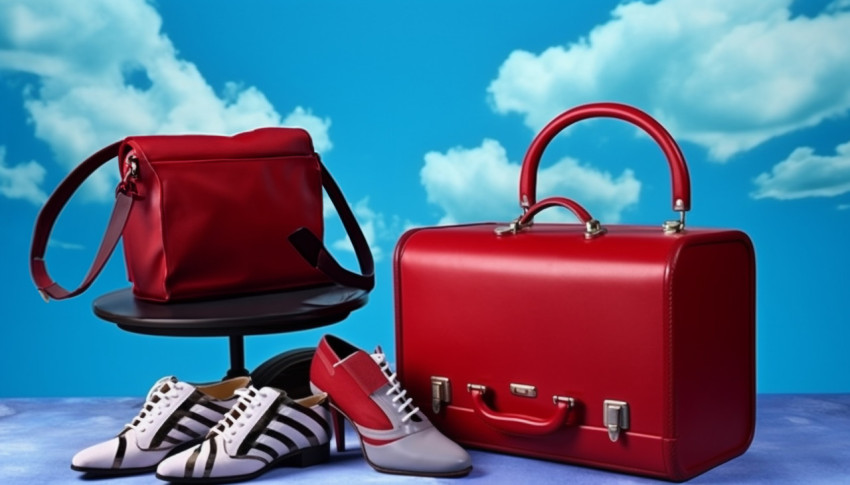 Luggage and shoes on blue background