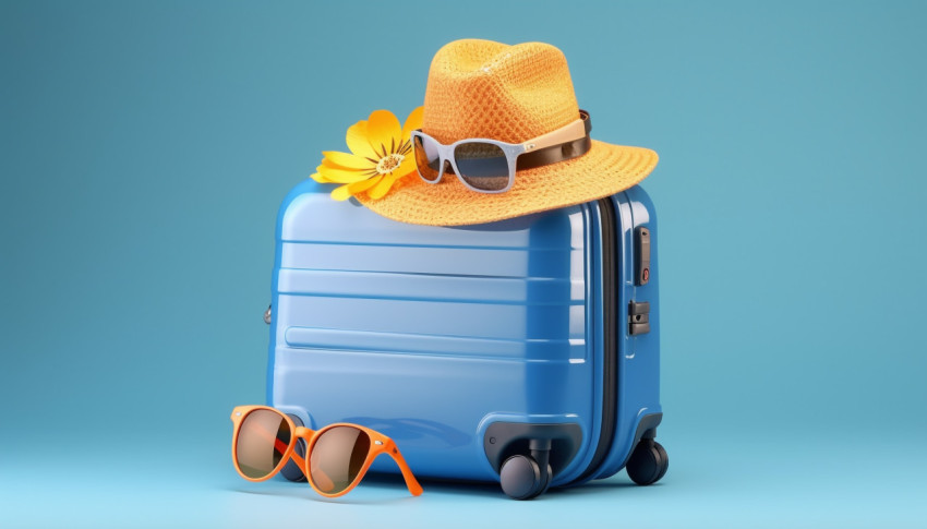 Blue Luggage with Sunglasses and Hat