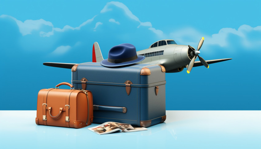 Luggage and hat against a blue sky Luggage and hat against a blue sky