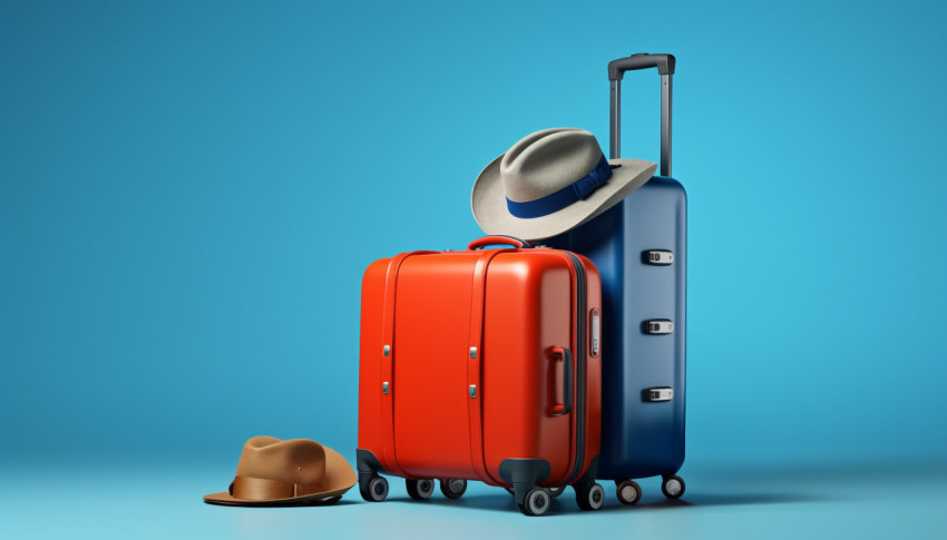 Luggage and hat at the airport terminal Luggage and hat at the airport terminal