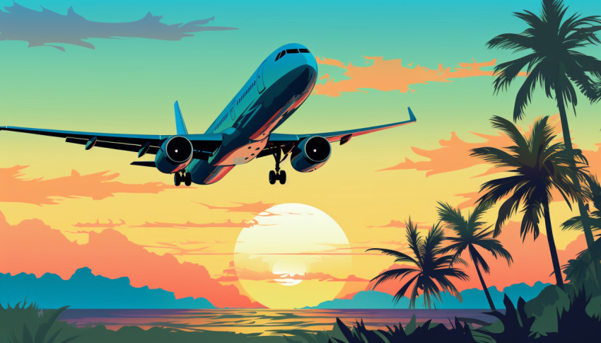 Sunset Over Ocean with Landing Plane Sunset Over Ocean with Landing Plane
