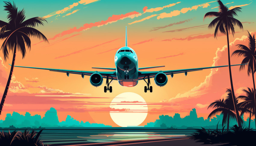 Ocean Sunset with Landing Plane Ocean Sunset with Landing Plane