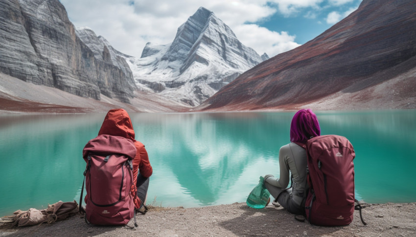 Backpackers Relaxing by a Mountain Lake Backpackers Relaxing by a Mountain Lake