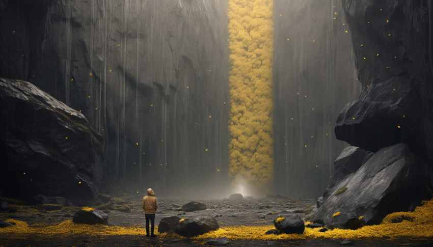 Man Hiking Near Waterfall on Rocky Mountain