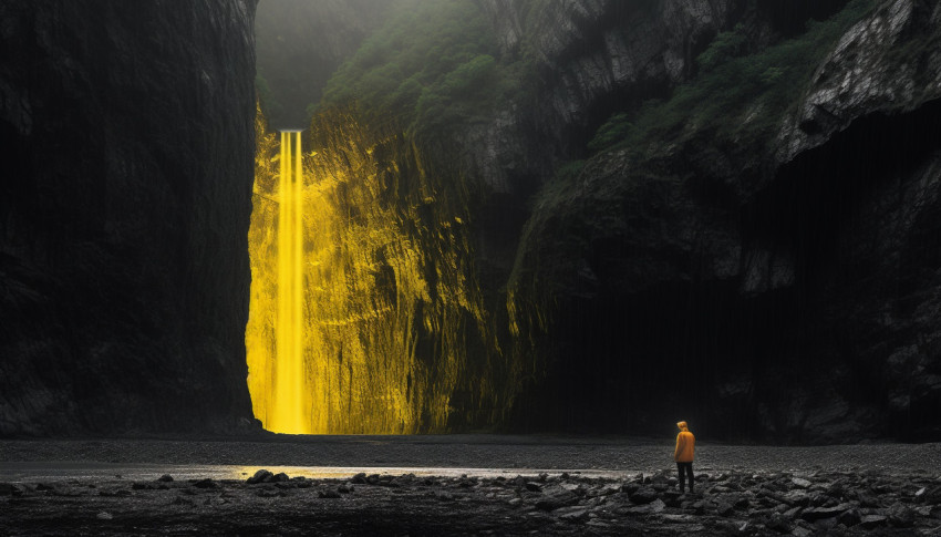 Hiker Standing in Front of Waterfall on Mountain