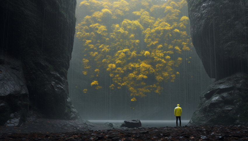 Hiker Gazing at Waterfall on Mountainside