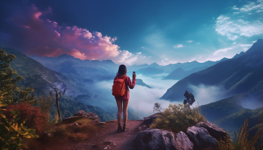 Hiker capturing nature on camera