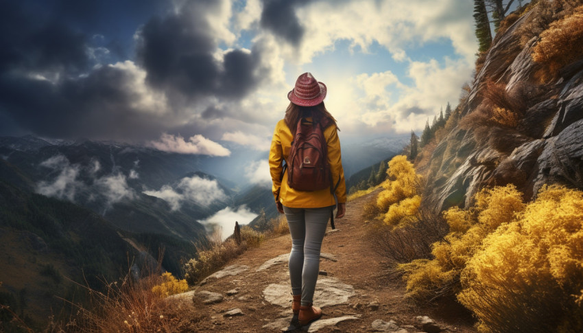 Woman hiker taking photo on mountain trail