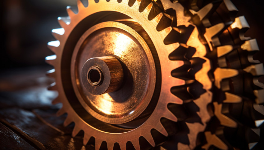 A close-up of a cogwheel, with the teeth of the wheel in sharp f