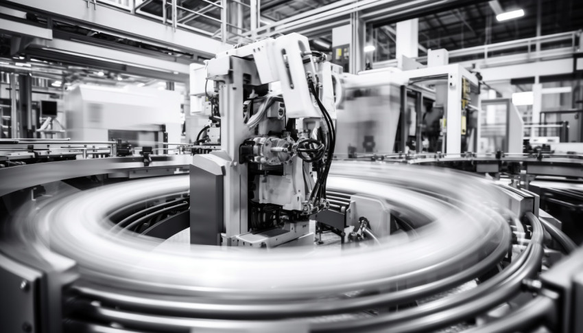 A long exposure shot of a factory floor with the machinery all i