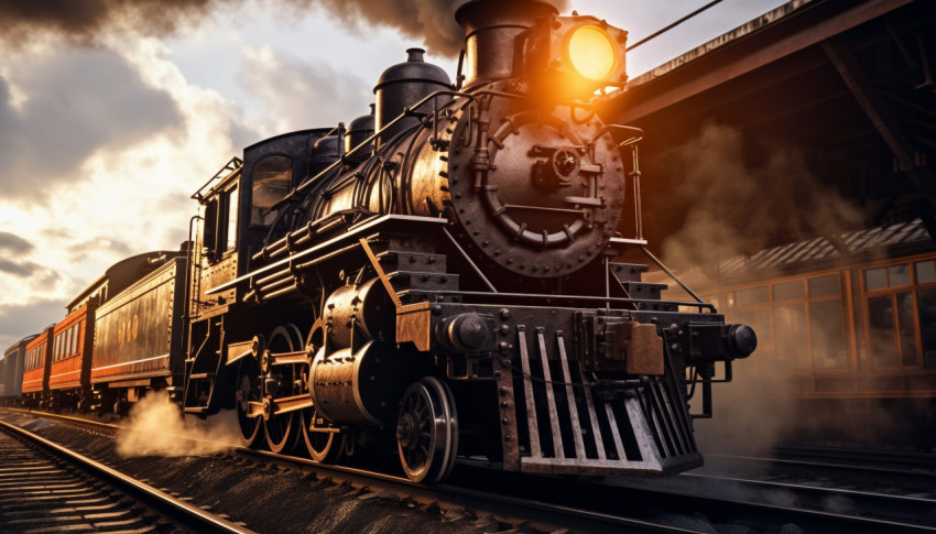 A shot of a steam locomotive with the steam billowing out of the