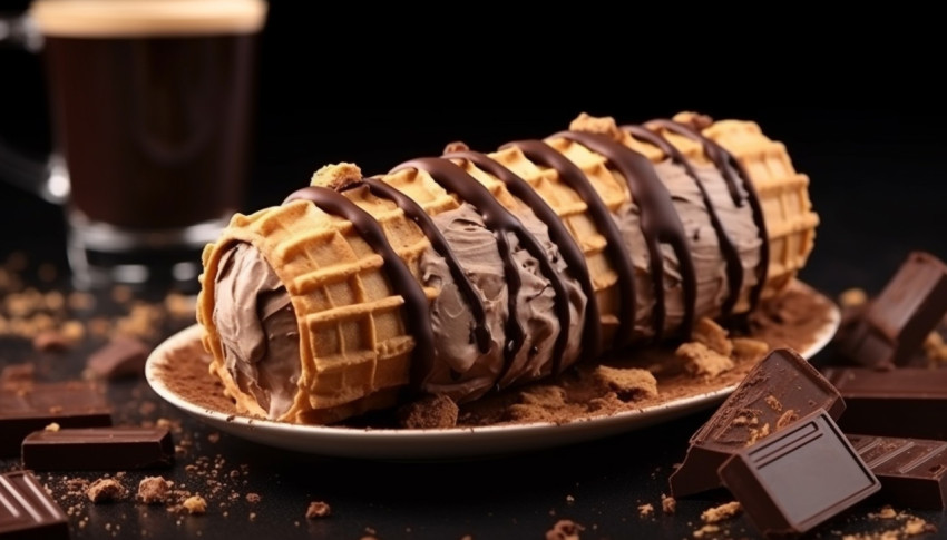 A photo of a chocolate ice cream with nuts and wafer rolls on the stylish glass